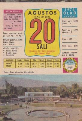 20 Ağustos 1974 Takvim Yaprağı -Doğum Günü Hediyesi EFM(N)6330 - 1