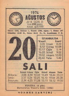 20 Ağustos 1974 Takvim Yaprağı EFM(N)2438 - 1