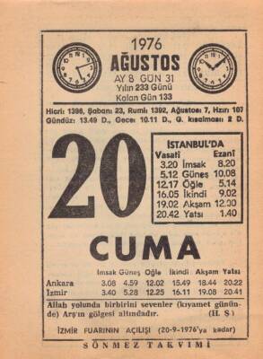20 Ağustos 1976 Takvim Yaprağı EFM(N)2439 - 1