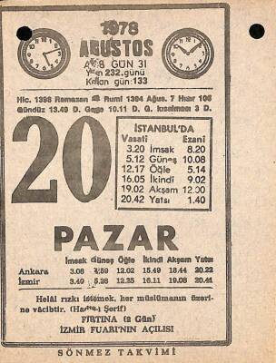 20 Ağustos 1978 Takvim Yaprağı - Doğum Günü Hediyesi EFM(N)9738 - 2