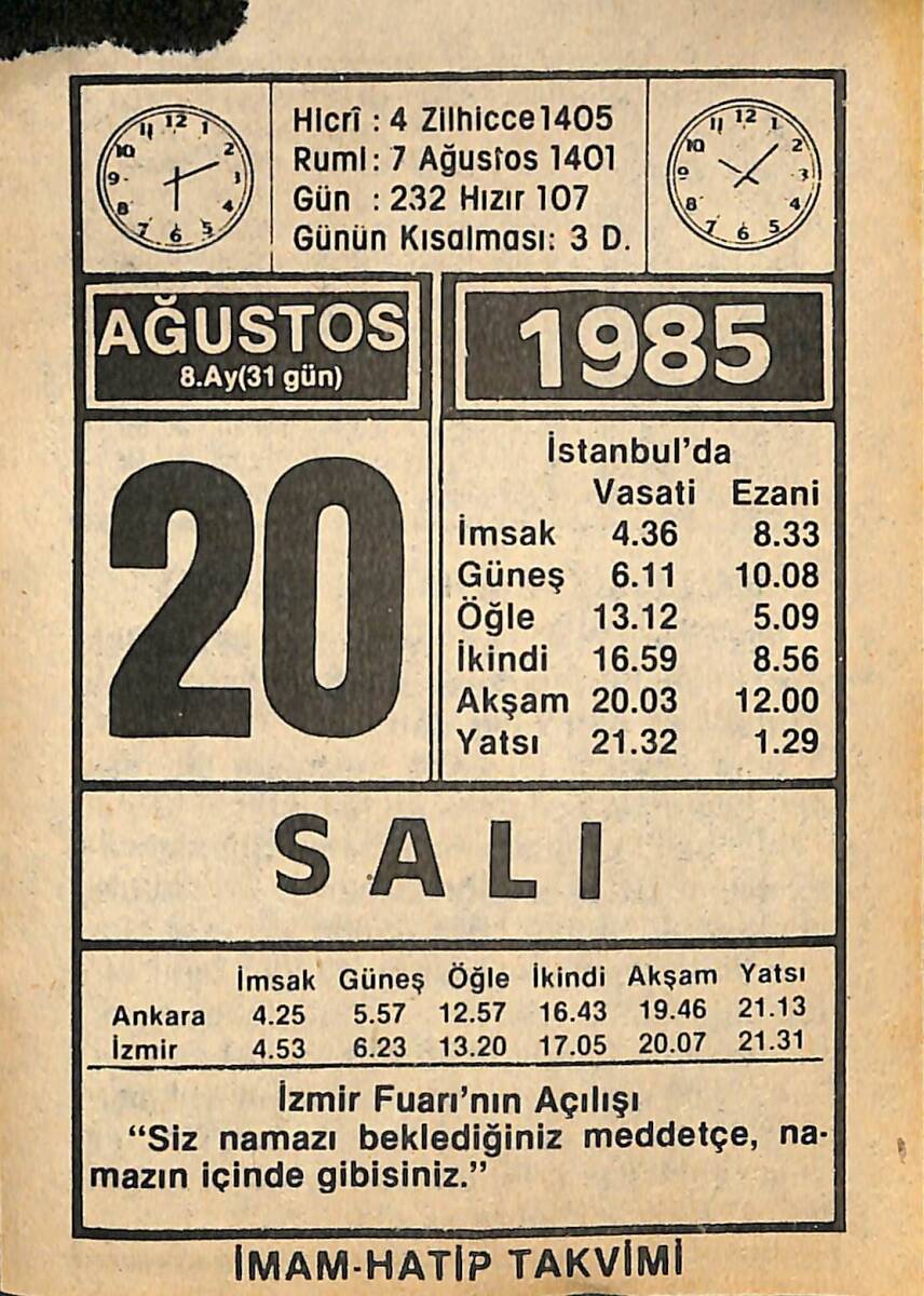  20 Ağustos 1985 Takvim Yaprağı - Doğum Günü Hediyesi EFMN15693 - 1