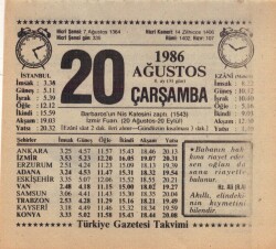 20 Ağustos 1986 Takvim Yaprağı EFM(N)2442 - 1