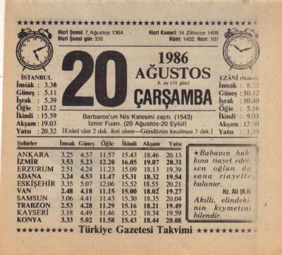 20 Ağustos 1986 Takvim Yaprağı EFM(N)2442 - 1