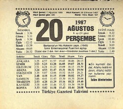 20 Ağustos 1987 Takvim Yaprağı - Doğum Günü Hediyesi EFMN13863 - Gökçekoleksiyon
