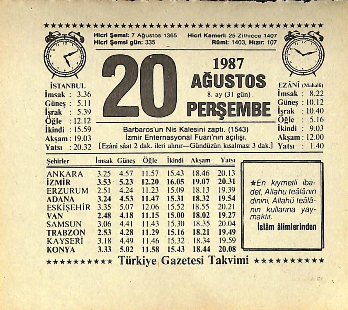 20 Ağustos 1987 Takvim Yaprağı - Doğum Günü Hediyesi EFMN13863 - 1