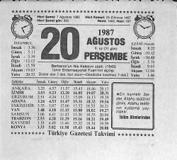 20 Ağustos 1987 Takvim Yaprağı - Doğum Günü Hediyesi EFMN13924 - Gökçekoleksiyon