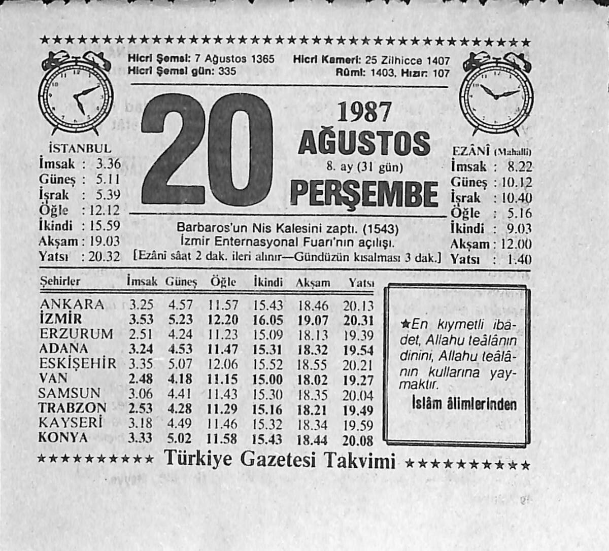 20 Ağustos 1987 Takvim Yaprağı - Doğum Günü Hediyesi EFMN13924 - 1