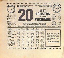 20 Ağustos 1987 Takvim Yaprağı - Doğum Günü Hediyesi EFMN15863 - Gökçekoleksiyon