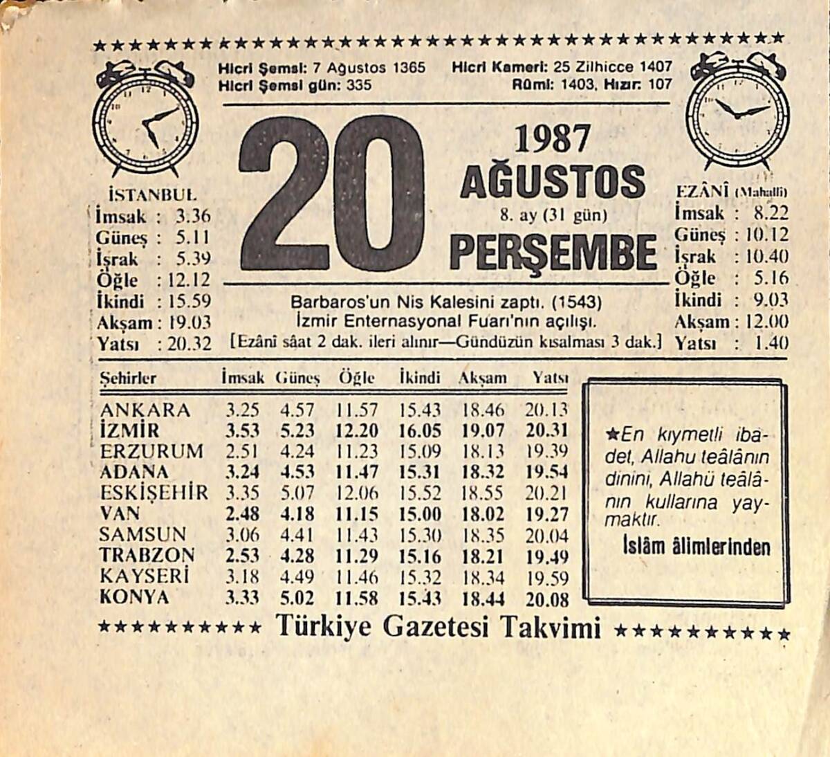 20 Ağustos 1987 Takvim Yaprağı - Doğum Günü Hediyesi EFMN15863 - 1
