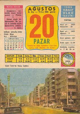 20 Ağustos 1989 Takvim Yaprağı - Doğum Günü Hediyesi EFM(N)10089 - 1