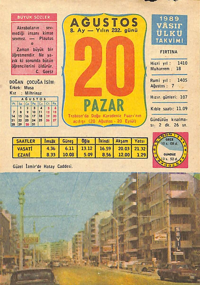 20 Ağustos 1989 Takvim Yaprağı - Doğum Günü Hediyesi EFMN13540 - 1