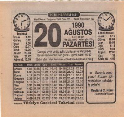20 Ağustos 1990 Takvim Yaprağı EFM(N)2445 - 1