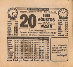 20 Ağustos 1995 Takvim Yaprağı - Doğum Günü Hediyesi EFMN15453 - Gökçekoleksiyon