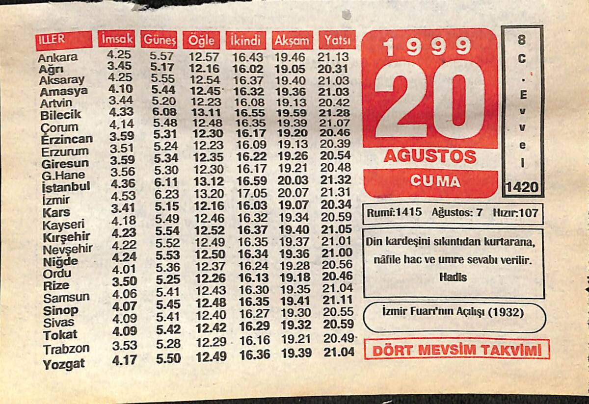 20 Ağustos 1999 Takvim Yaprağı - Doğum Günü Hediyesi EFMN14036 - 1