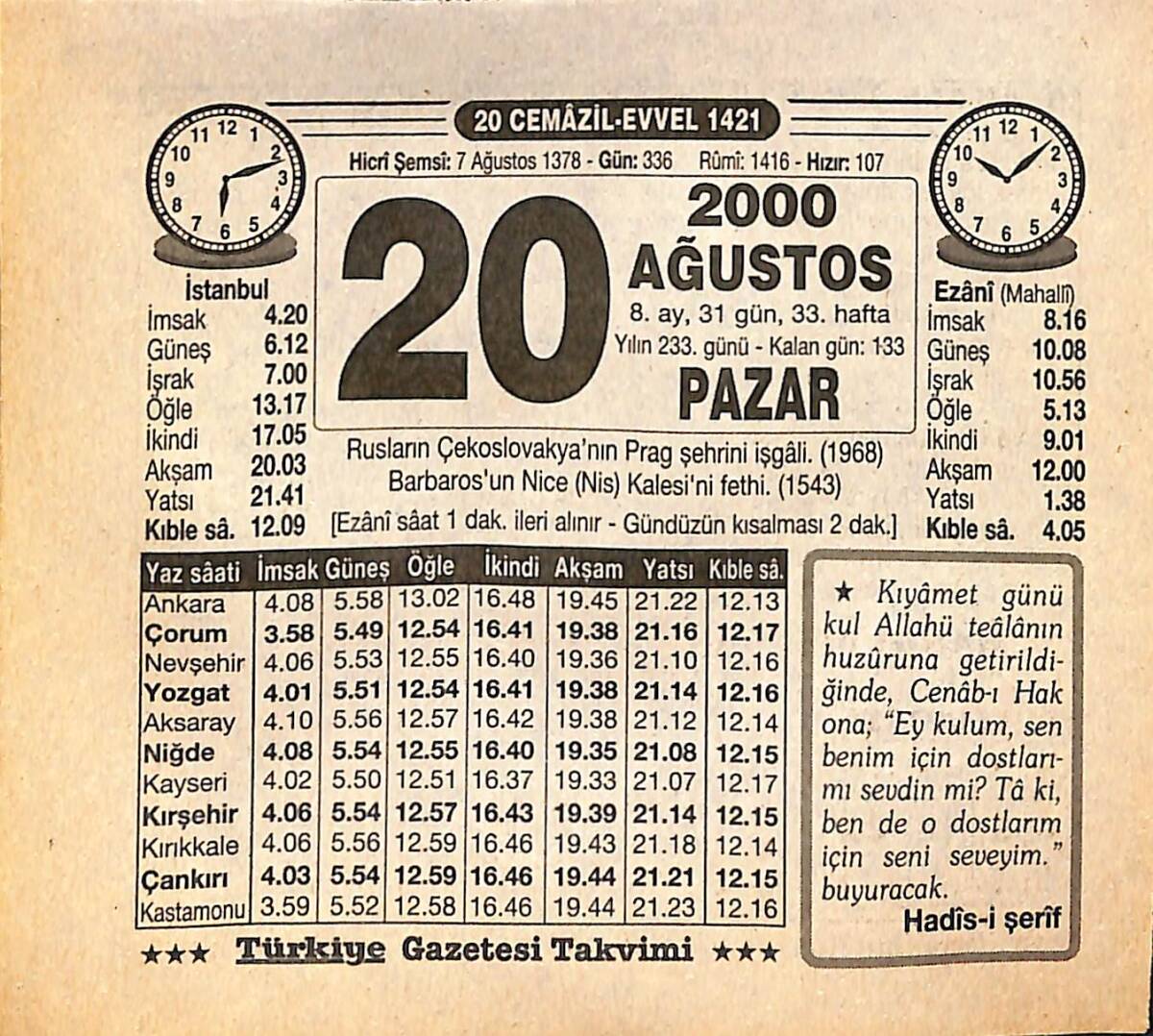 20 Ağustos 2000 Takvim Yaprağı - Doğum Günü Hediyesi EFMN14271 - 1