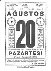 20 Ağustos 2001 Takvim Yaprağı - Doğum Günü Hediyesi EFMN14210 - Gökçekoleksiyon