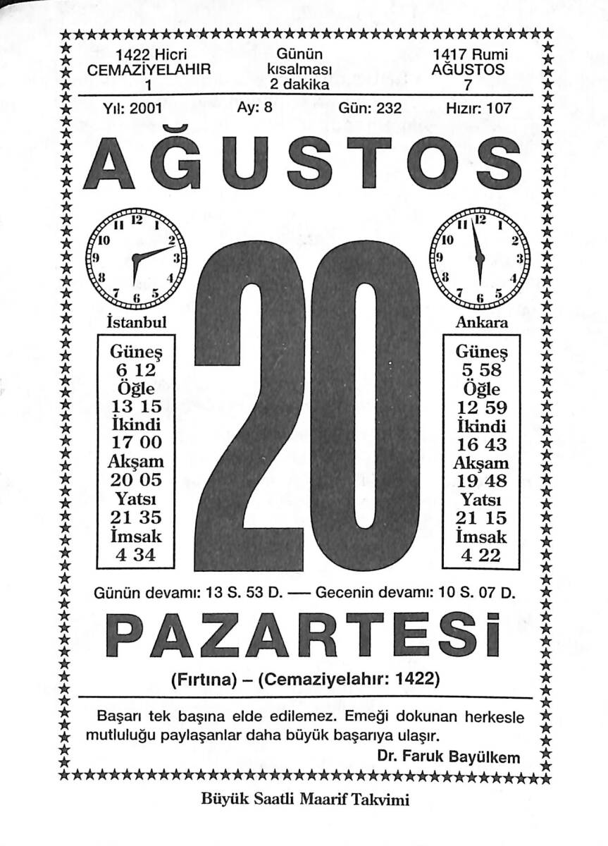20 Ağustos 2001 Takvim Yaprağı - Doğum Günü Hediyesi EFMN14210 - 1