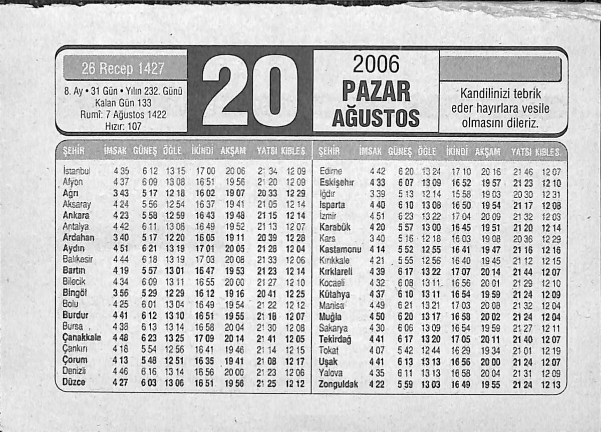 20 Ağustos 2006 Takvim Yaprağı - Doğum Günü Hediyesi EFMN14167 - 1
