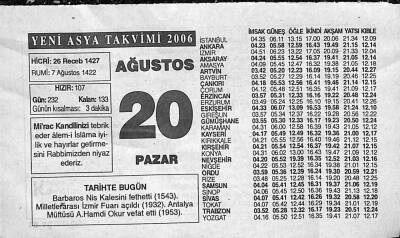20 Ağustos 2006 Takvim Yaprağı - Doğum Günü Hediyesi EFM(N)9956 - 2
