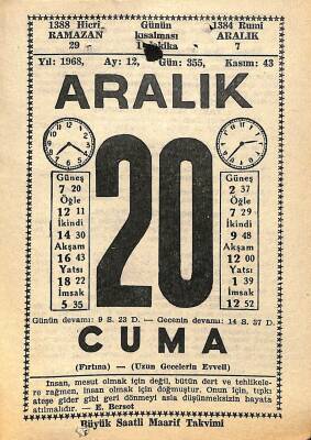 20 Aralık 1968 Takvim Yaprağı - Doğum Günü Hediyesi EFM(N)11056 - 1