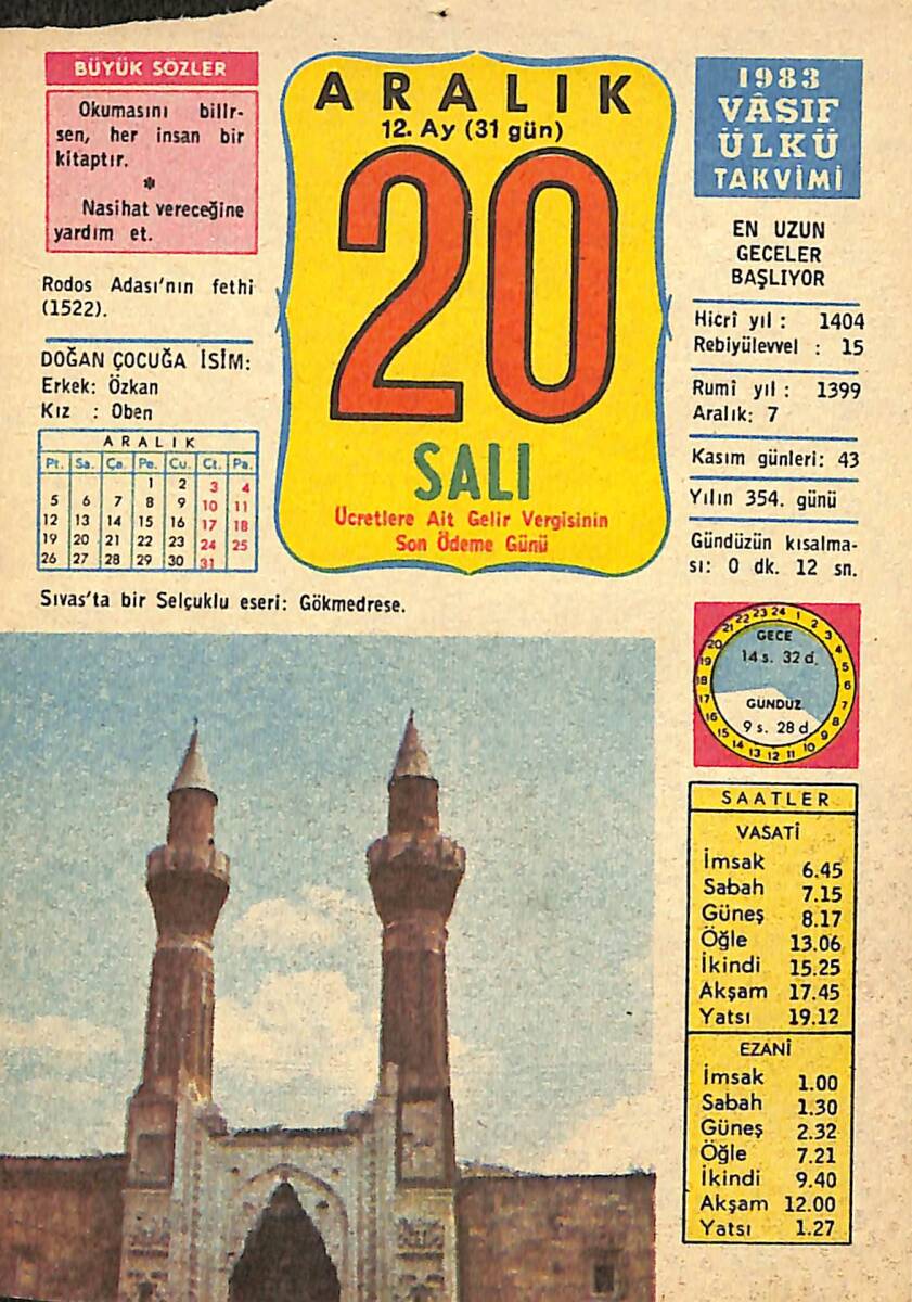 20 Aralık 1983 Takvim Yaprağı - Doğum Günü Hediyesi EFMN13702 - 1