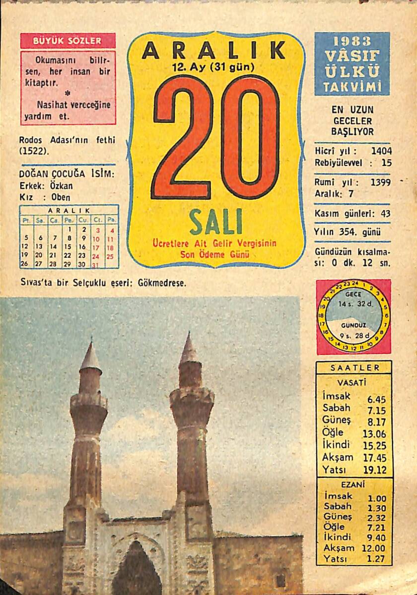 20 Aralık 1983 Takvim Yaprağı - Doğum Günü Hediyesi EFMN14675 - 1