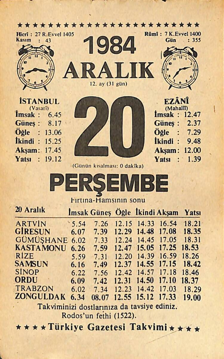 20 Aralık 1984 Takvim Yaprağı - Doğum Günü Hediyesi EFMN14504 - 1