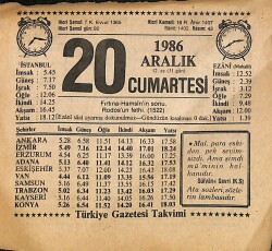 20 Aralık 1986 Takvim Yaprağı - Doğum Günü Hediyesi EFMN14853 - Gökçekoleksiyon