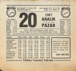 20 Aralık 1987 Takvim Yaprağı - Doğum Günü Hediyesi EFMN14991 - Gökçekoleksiyon