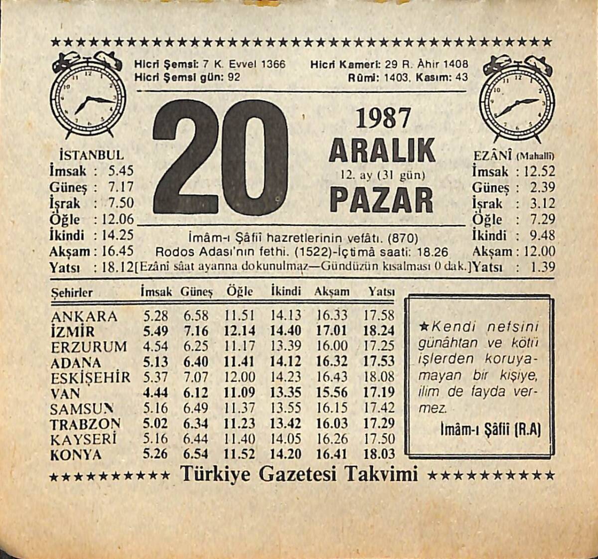 20 Aralık 1987 Takvim Yaprağı - Doğum Günü Hediyesi EFMN14991 - 1