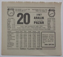 20 Aralık 1987 Takvim Yaprağı - Doğum Günü Hediyesi EFM(N)7189 - Gökçekoleksiyon