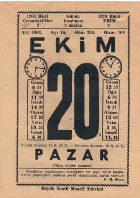 20 Ekim 1963 Takvim Yaprağı EFM(N)3559 - 3
