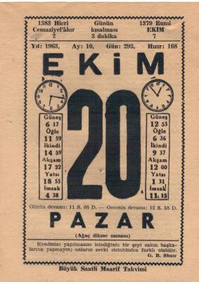 20 Ekim 1963 Takvim Yaprağı EFM(N)3559 - 2