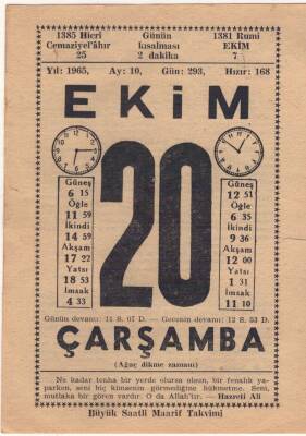 20 Ekim 1965 Takvim Yaprağı EFM(N)3560 - 2