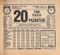 20 Ekim 1986 Takvim Yaprağı - Doğum Günü Hediyesi EFMN14911 - Gökçekoleksiyon