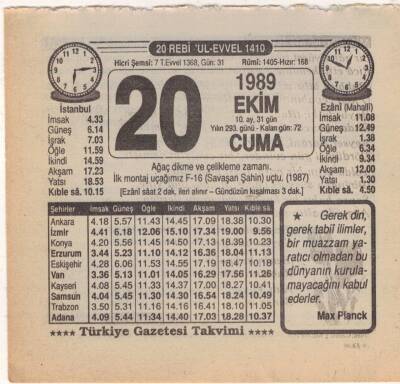 20 Ekim 1989 Takvim Yaprağı EFM(N)3114 - 2
