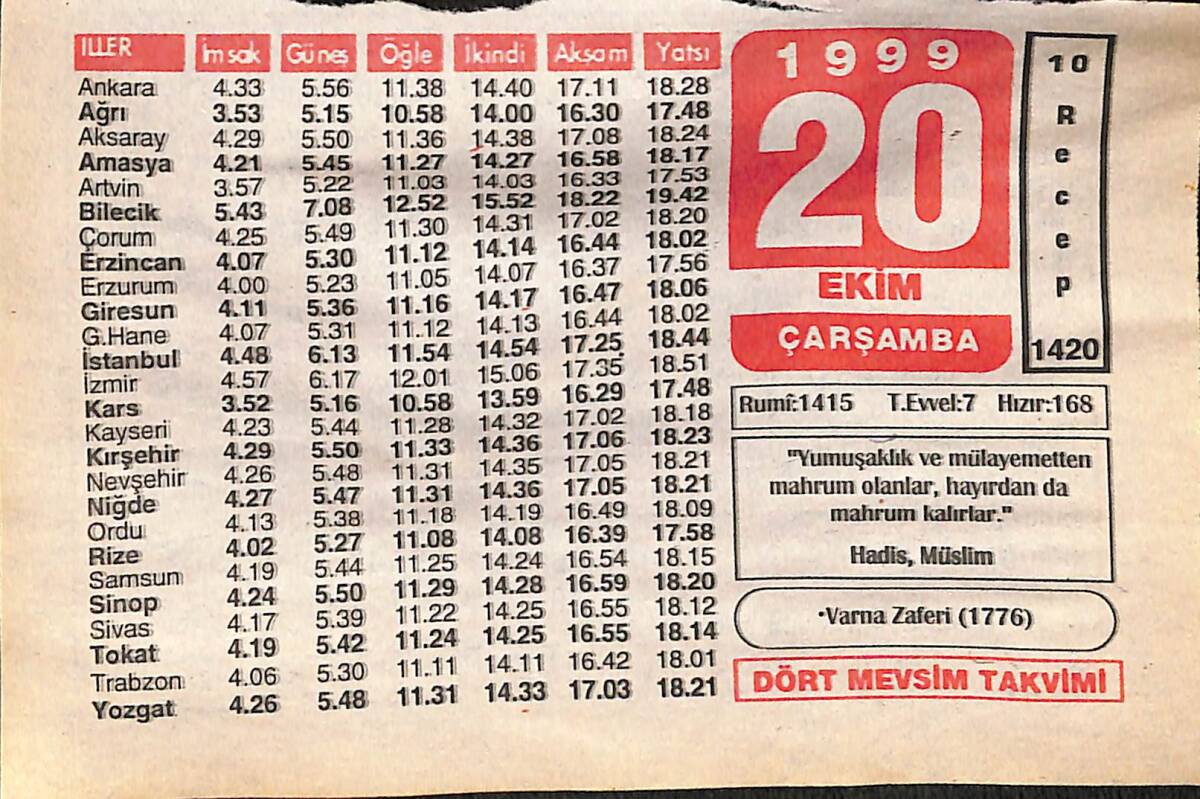 20 Ekim 1999 Takvim Yaprağı - Doğum Günü Hediyesi EFMN14067 - 1