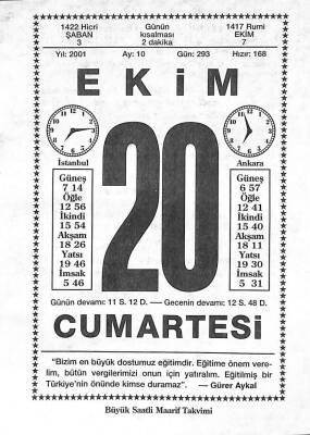 20 Ekim 2001 Takvim Yaprağı - Doğum Günü Hediyesi EFM(N)10487 - 2