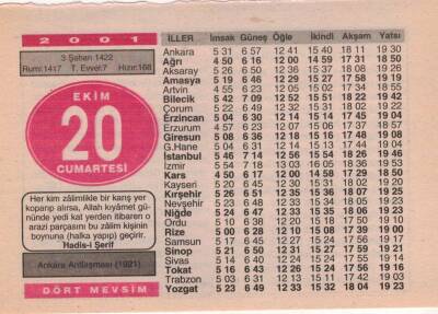 20 Ekim 2001 Takvim Yaprağı EFM(N)3741 - 1