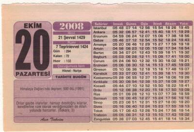 20 Ekim 2008 Takvim Yaprağı EFM(N)3268 - 3