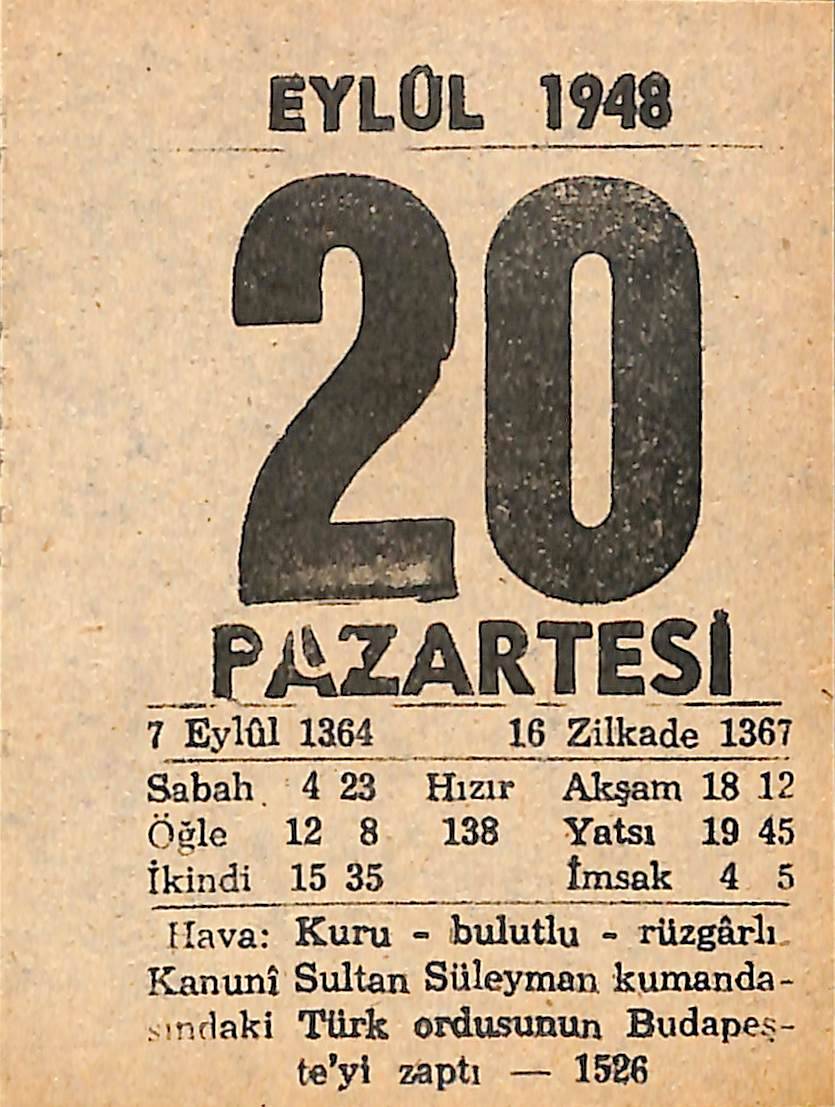 20 Eylül 1948 Takvim Yaprağı - Doğum Günü Hediyesi EFMN14387 - 1