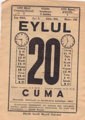 20 Eylül 1963 Takvim Yaprağı EFM(N)3632 - 2