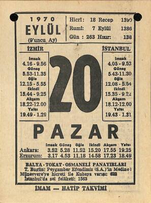 20 Eylül 1970 Takvim Yaprağı - Doğum Günü Hediyesi EFM(N)9896 - 2