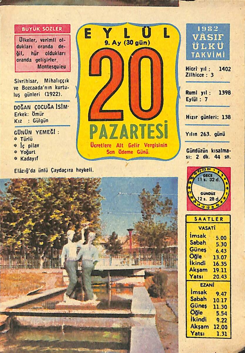 20 Eylül 1982 Takvim Yaprağı - Doğum Günü Hediyesi EFMN13524 - 1