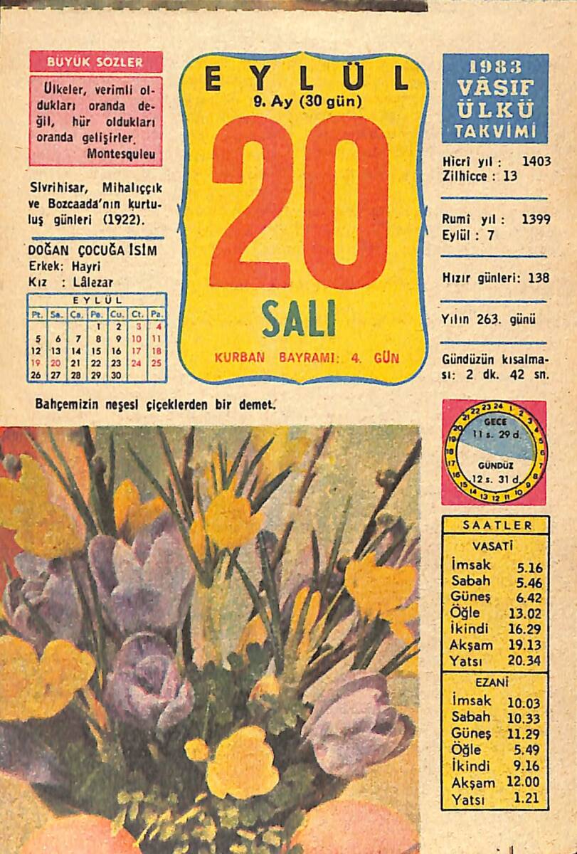 20 Eylül 1983 Takvim Yaprağı - Doğum Günü Hediyesi EFMN14755 - 1