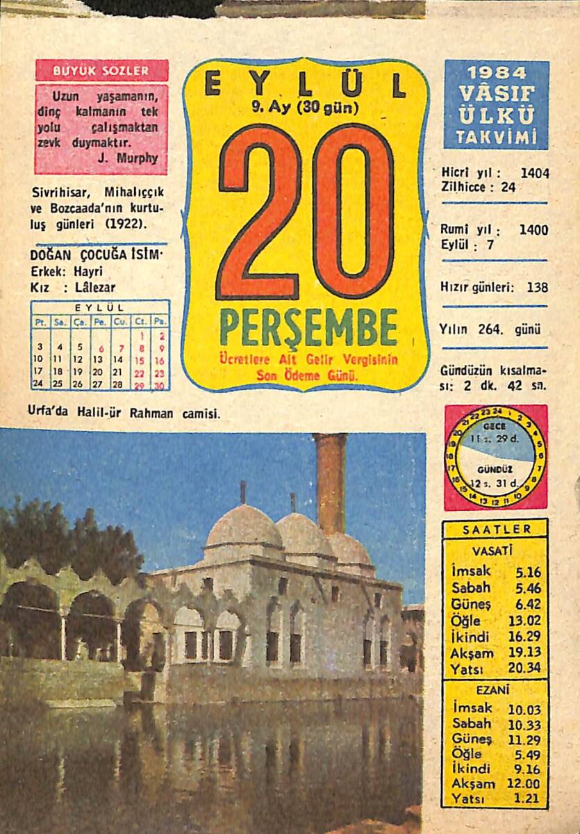 20 Eylül 1984 Takvim Yaprağı - Doğum Günü Hediyesi EFMN14846 - 1