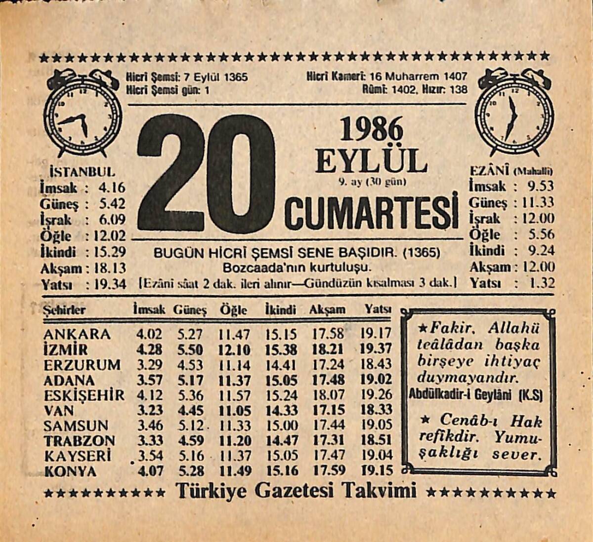 20 Eylül 1986 Takvim Yaprağı - Doğum Günü Hediyesi EFMN14941 - 1