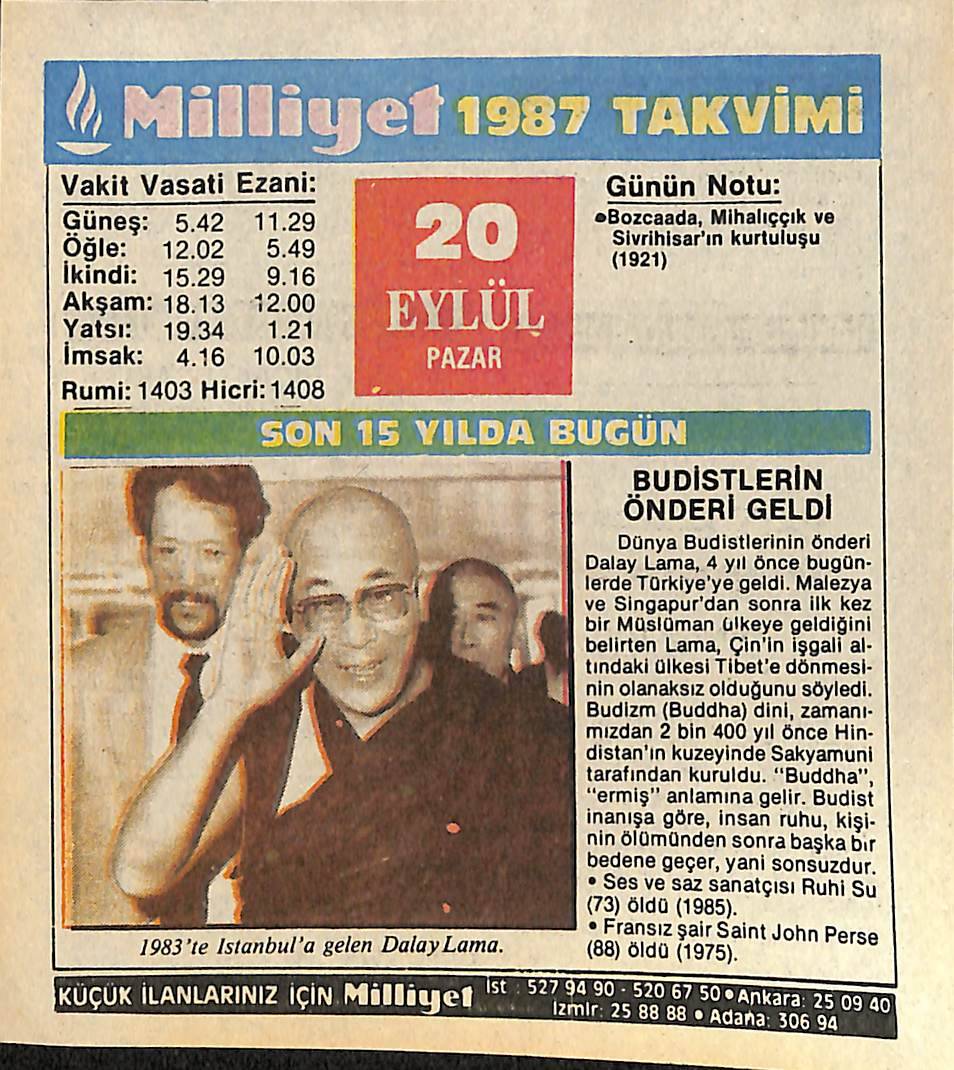 20 Eylül 1987 Takvim Yaprağı - Doğum Günü Hediyesi EFMN14137 - 1