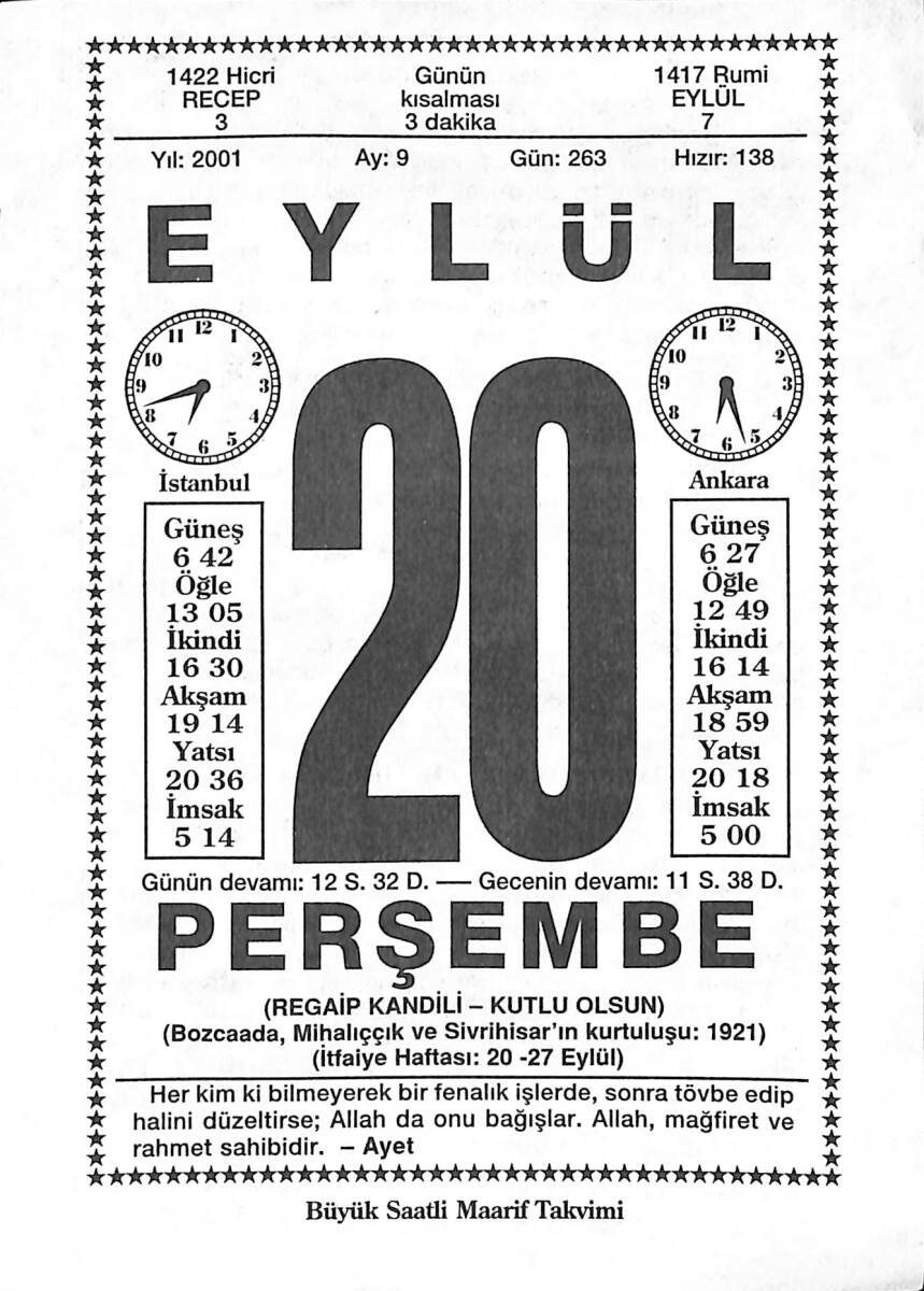 20 Eylül 2001 Takvim Yaprağı - Doğum Günü Hediyesi EFMN14179 - 1