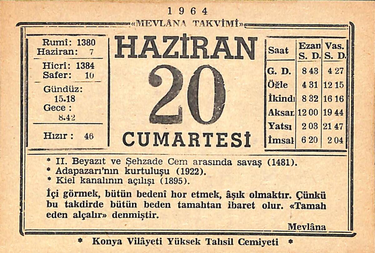 20 Haziran 1964 Takvim Yaprağı - Doğum Günü Hediyesi EFMN15560 - 1